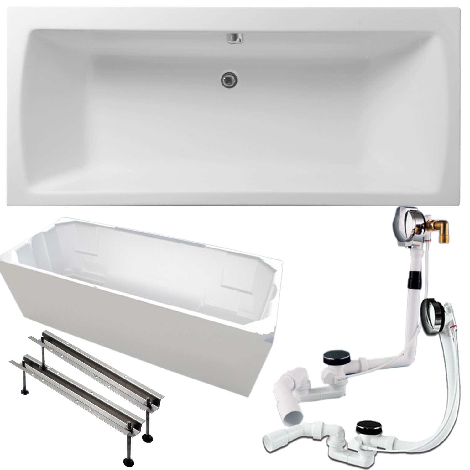 Integra S50 Badewanne rechteckig,180x80 Träger, Ablauf, Fußgestell wählbar