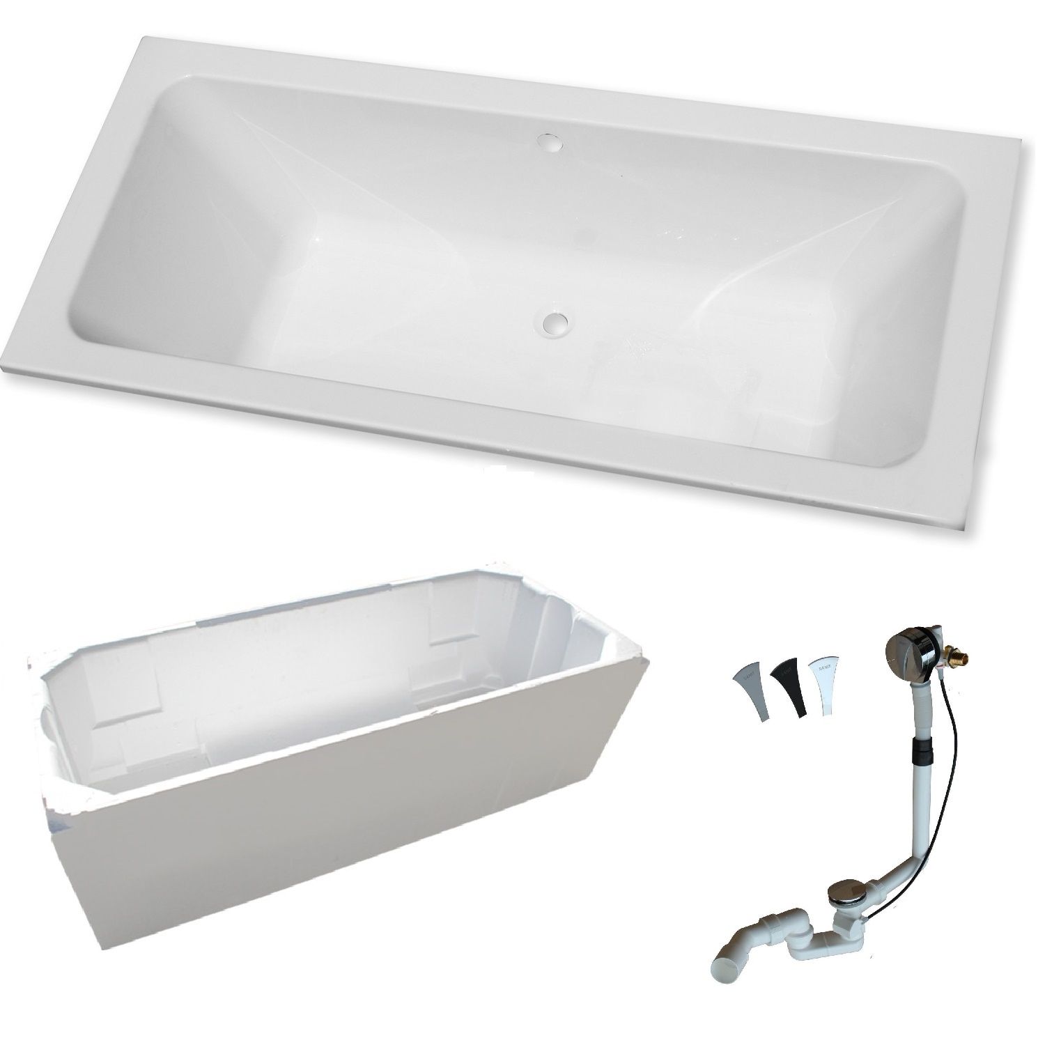 Rechteck Badewanne "T200" 180 x 80 cm mit Träger und Ab-/Über-/Einlaufgarnitur