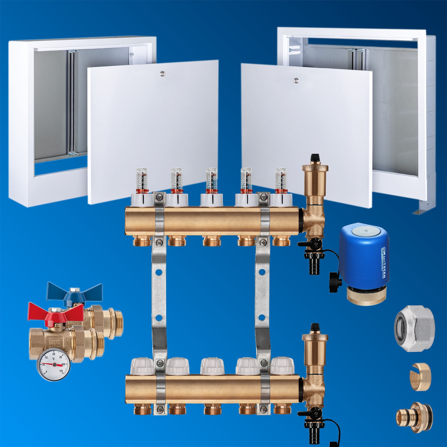 Premium Messing HKV Set Heizkreisverteiler, Verteilerschrank, Zubehör wählbar