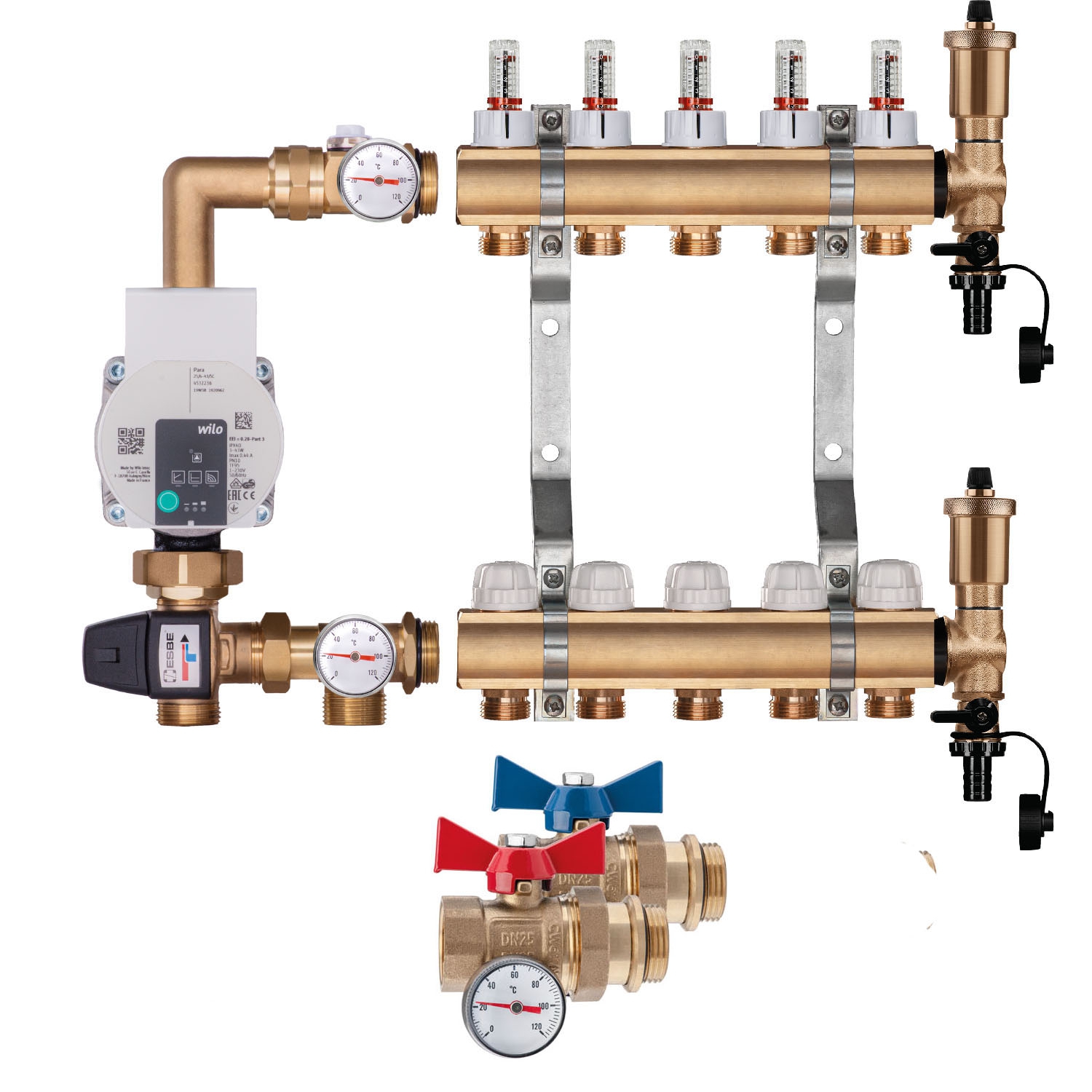 Premium Messing Heizkreisverteiler-Set 3 HK Durchgang,Festwertregelset